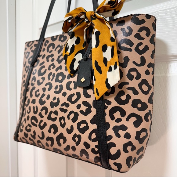 Kate Spade Coated Canvas Leopard Print Black Leather Trim Large Tote NWT - Picture 4 of 13